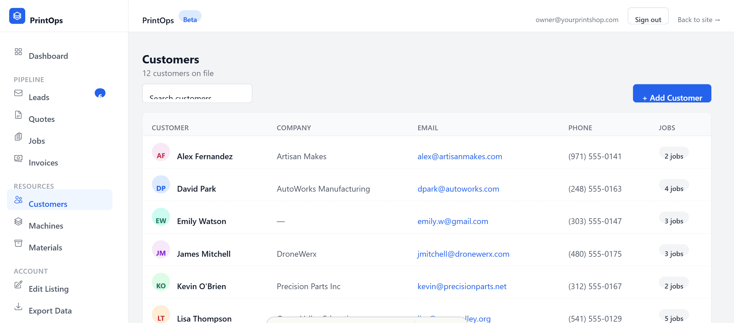 Customer database with company, email, phone, and job count for each customer