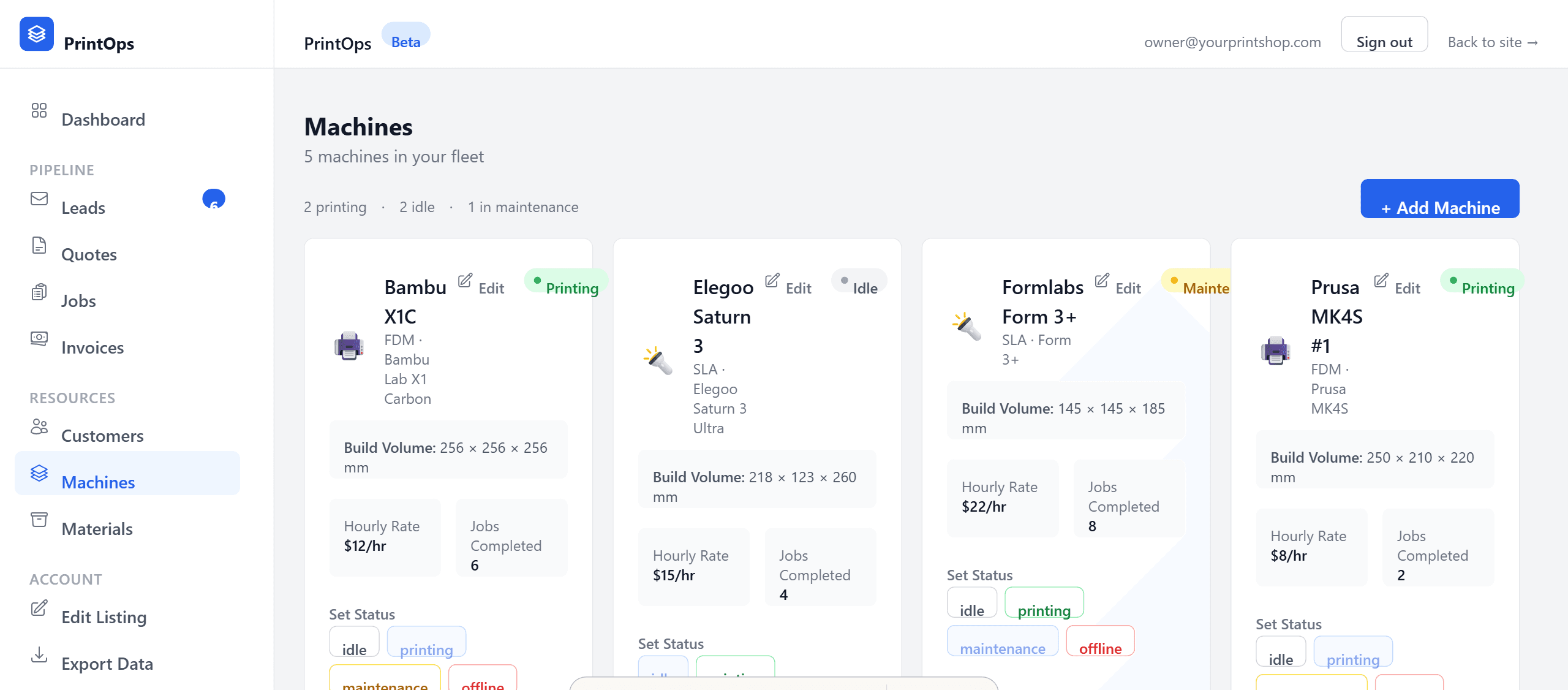 Machine and material record-keeping with hourly rates, build volumes, and status controls