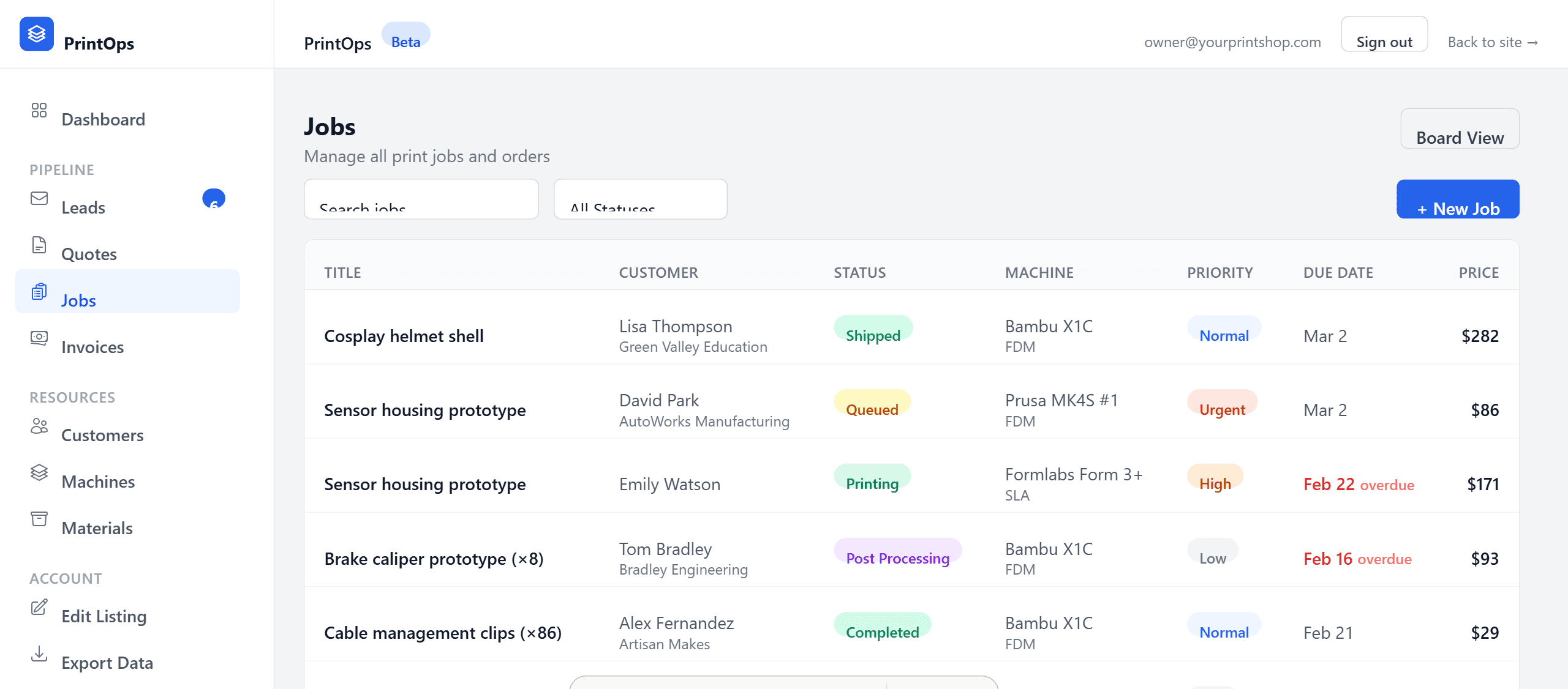 Jobs pipeline showing print jobs with status, machine assignment, priority, and due dates